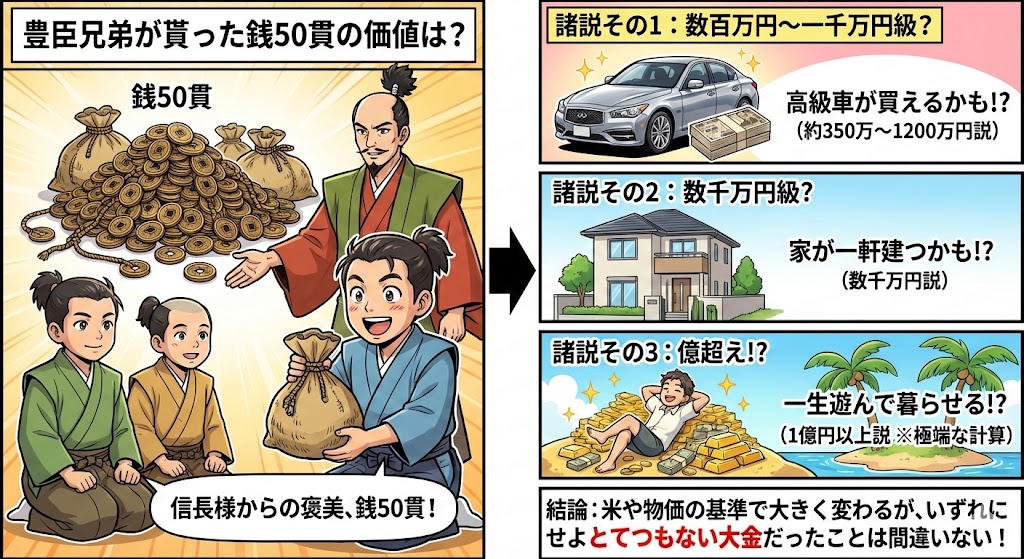 豊臣兄弟への50貫は現在いくら？戦国時代でも破格の金額だった！
