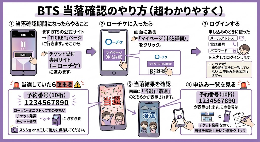 BTS 当落確認方法　わかりやすく　どこ　メールこない