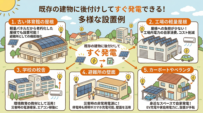 既存の建物に後付けしてすぐ発電できる