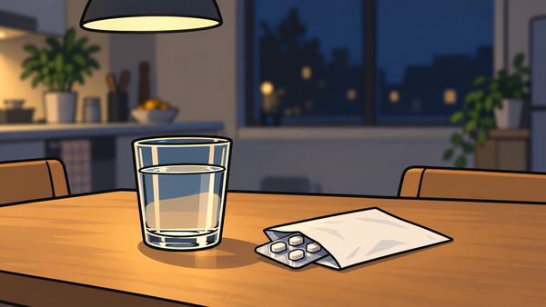 夜のキッチンのテーブルに置かれた薬の袋とコップ一杯の水のイラスト