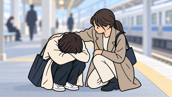 駅のホームでしゃがみこんだ人の背中に手を添えて声をかけている人のイラスト