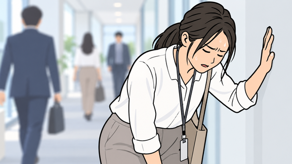 オフィスの廊下で壁に手をついて立ち止まり額に汗をにじませている人のイラスト