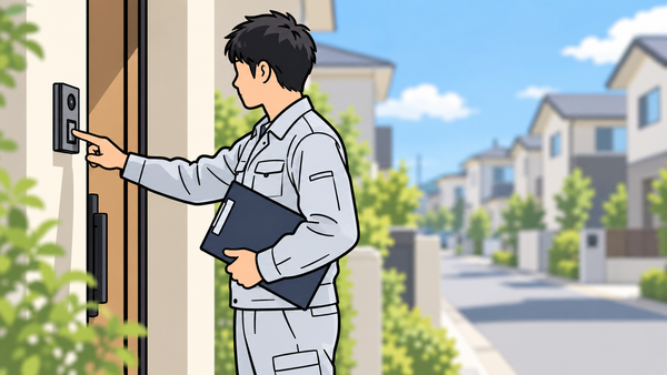 住宅街の一軒家のインターホンを押す作業着の男性