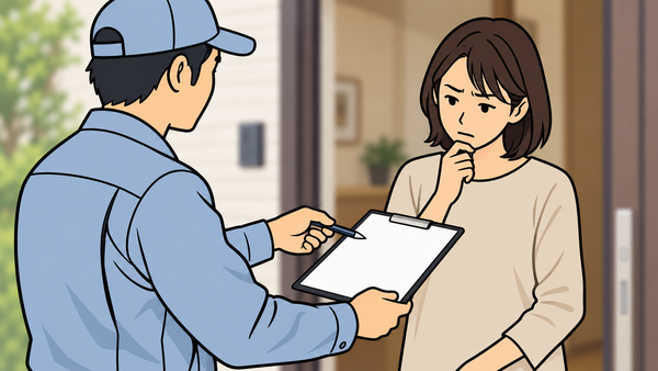 玄関先で書類とペンを差し出す業者と困った顔の住人