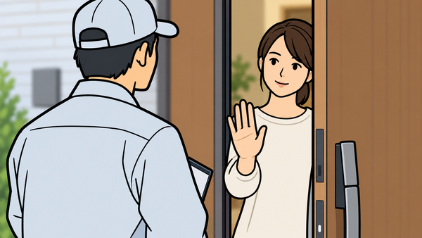玄関のドア越しに手のひらを向けて訪問を断る住人
