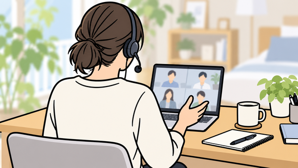 ノートパソコンに向かってヘッドセットで話しかけている人の後ろ姿と、机のマグカップとメモ帳