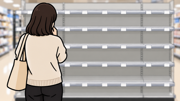 商品が売り切れて空になったお店の陳列棚の前に立つ人の後ろ姿と、等間隔に残った値札のプレート