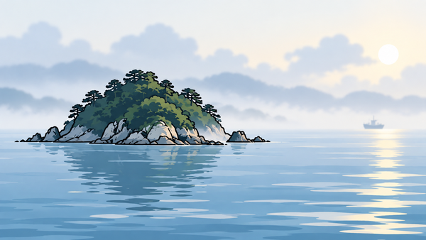 朝もやのかかった海に浮かぶ小さな無人島と、水平線に見える一隻の船