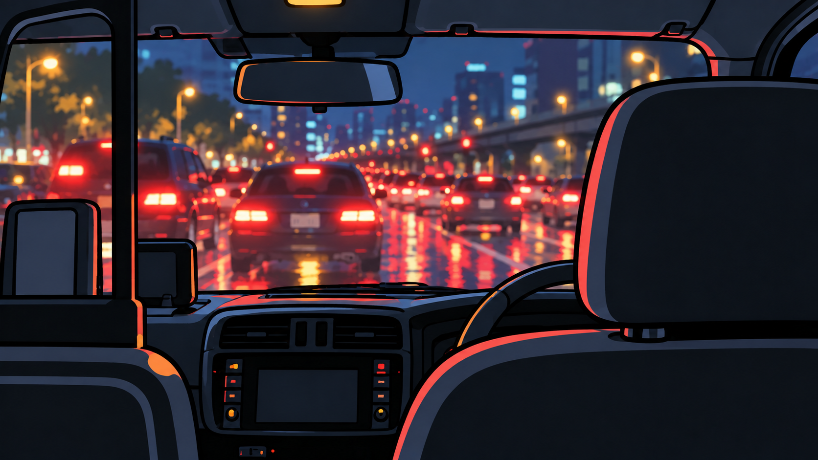 夜のタクシーの車内から見た渋滞のイメージ
