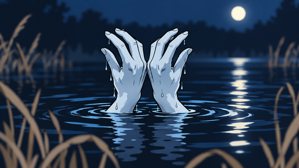 夜の池の水面から青白い両手が手の甲を合わせて浮かび上がる様子