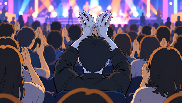 音楽番組の客席でひとりだけ手の甲を合わせた青白い両手を掲げる男性の後ろ姿