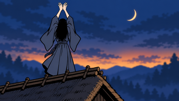 夜明け前の屋根の上で手の甲を合わせた両手を空に掲げる着物姿の人影