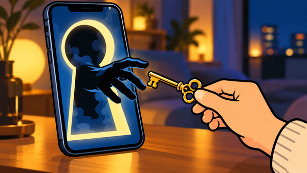 スマホの鍵穴から伸びる黒い手に金色の鍵を差し出す手元