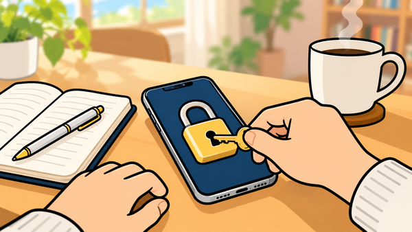 スマホの画面の南京錠に新しい鍵を差し込んで回す手元