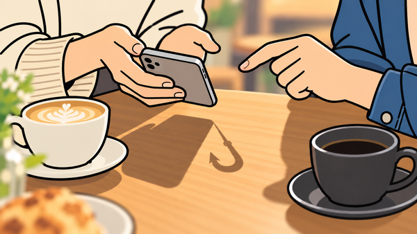 カフェで友達が差し出すスマホの影が釣り針の形になっている