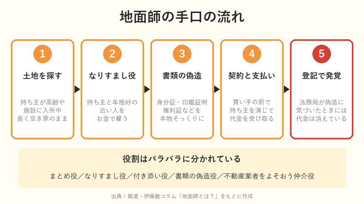 地面師の手口の流れ（土地を探す・なりすまし役・書類の偽造・契約と支払い・登記で発覚）
