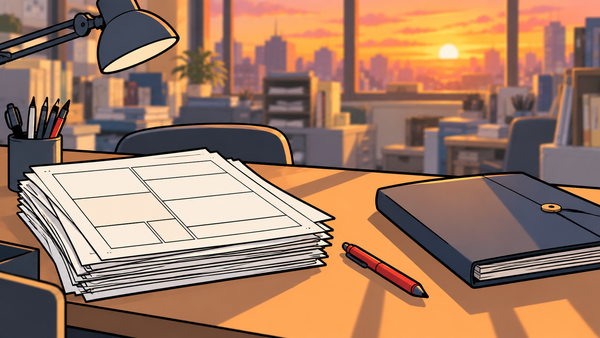 夕焼けの編集部の机に置かれた漫画の原稿と閉じたファイル