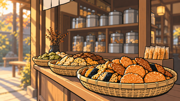 おかき屋の店先のイラスト