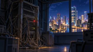 古いサーバーラックが残る夜のサーバールームと窓の外の街並みのイラスト