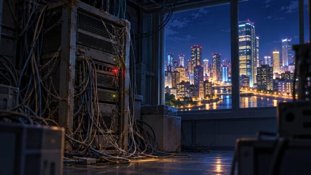 古いサーバーラックが残る夜のサーバールームと窓の外の街並みのイラスト