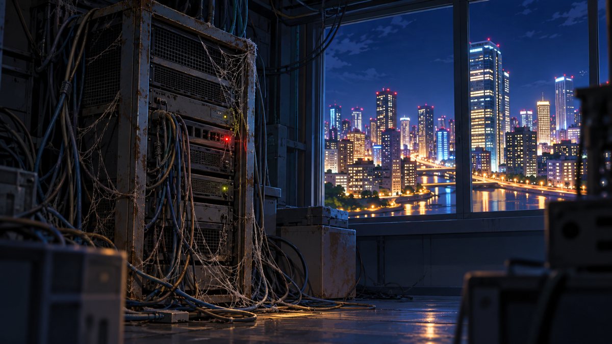 古いサーバーラックが残る夜のサーバールームと窓の外の街並みのイラスト