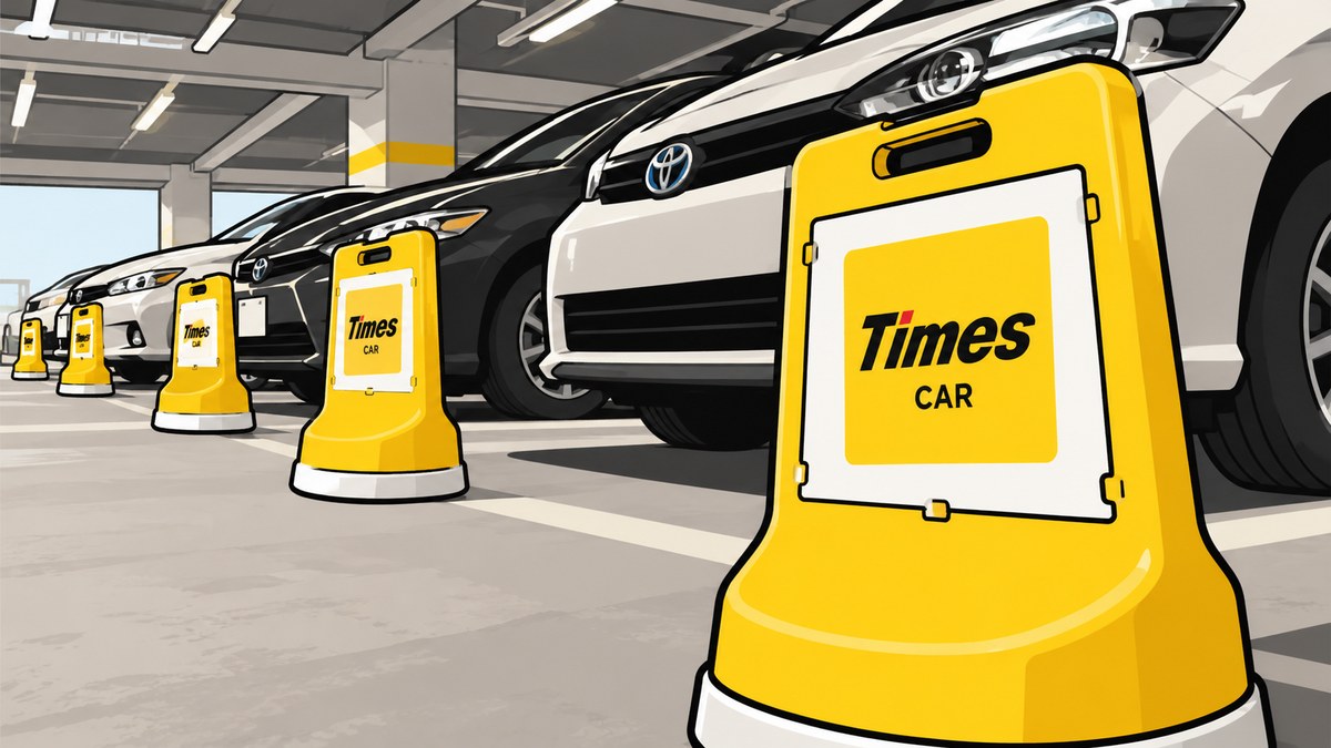 タイムズカーのステーションに並ぶ黄色い看板と車のイラスト