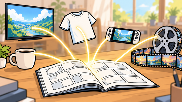 木の机に開いたマンガの原稿から、テレビやTシャツ、マグカップ、ゲーム機、映画のフィルムへ光の線が伸びている様子