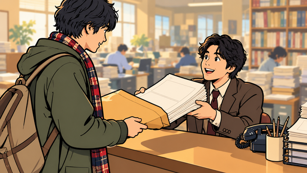 出版社の編集部の受付で、若者が封筒から出した漫画の原稿の束を若い編集者が笑顔で受け取っている様子