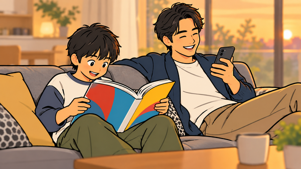 夕方のリビングのソファで、男の子が漫画雑誌を夢中で読み、隣で父親がスマートフォンで漫画を読んで笑っている様子
