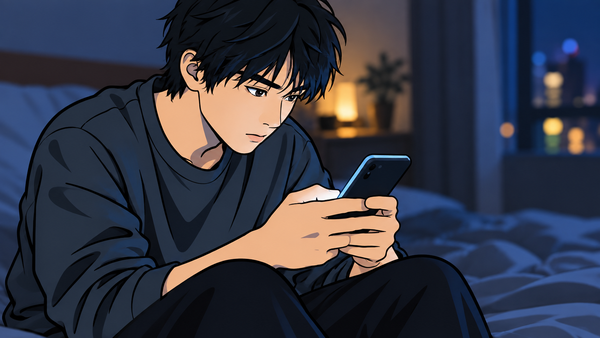 夜のベッドで若者がスマートフォンの光る画面をじっと見つめている様子