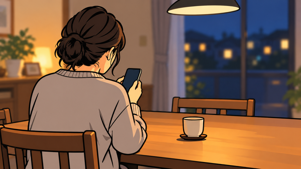 夜の食卓で母親がスマートフォンを握りしめ、連絡を待っている後ろ姿