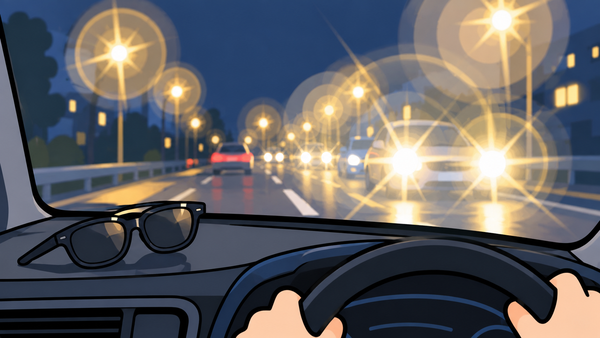 夜道で対向車のライトがにじんで見えるイラスト