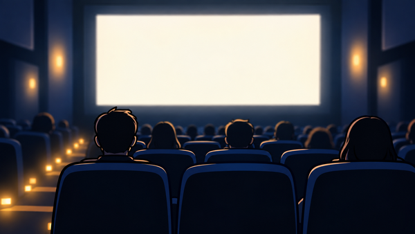 暗い映画館でスクリーンや足元の灯りに光がにじむ様子のイラスト