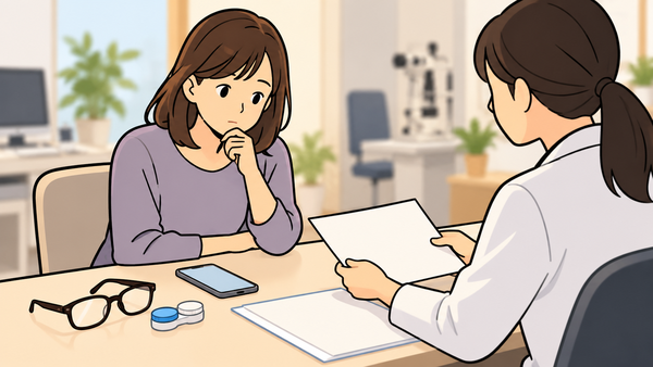 眼科のカウンセリング室で見積もりを前に考え込む女性のイラスト