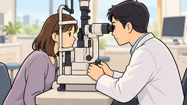 眼科医が検査機器で目を診察している場面のイラスト
