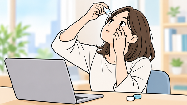 机の前で目薬をさす女性のイラスト