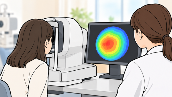 角膜の形を色の地図で映す眼科の検査のイラスト