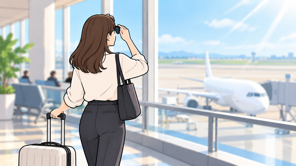 空港でサングラスに手をやりながら飛行機を見る女性のイラスト
