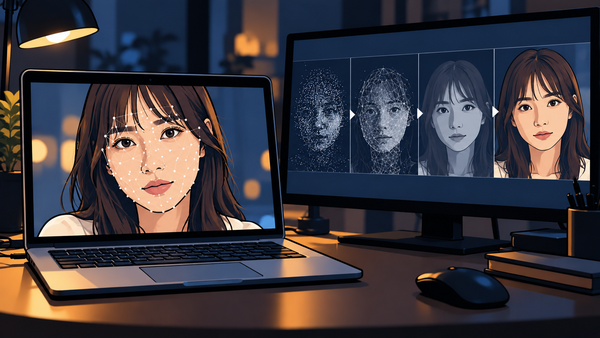 ノートパソコンに映る女性の顔に点と線の網が重なり、隣の画面で同じ顔が作り出されていく様子