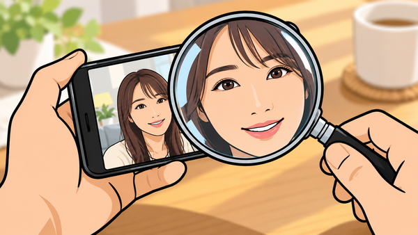 スマホに映る女性の顔の動画を虫めがねでのぞきこんで確かめる手元