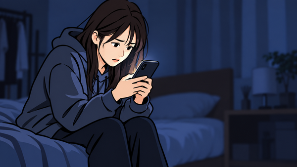 夜の部屋でベッドの端に座り、スマホの画面を不安そうに見つめる女性