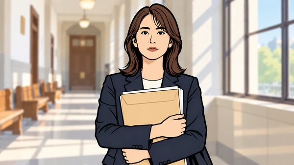 裁判所の廊下で書類を抱えて立つ女性のイラスト