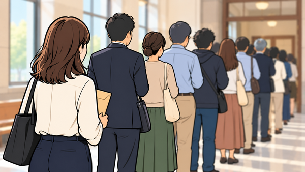 同じ方向を向いて並ぶ人たちの列に加わる女性のイラスト