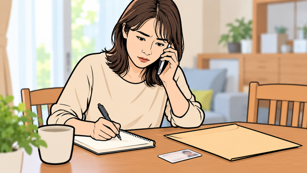 メモを取りながら電話で相談する女性のイラスト