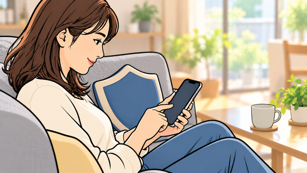 ソファでスマートフォンから手続きをする女性のイラスト
