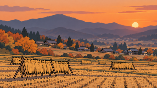 稲刈りを終えた田んぼに稲束が干され、夕日が沈む秋の終わりの里山のイラスト