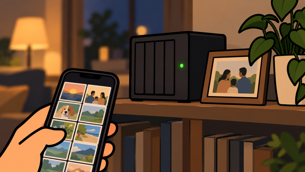 家の棚に置かれたNASと、写真が並ぶスマホのイラスト