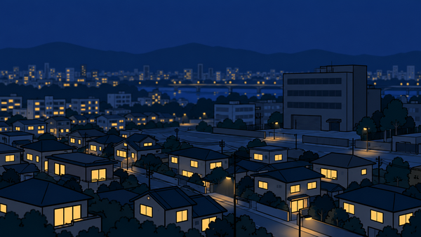 夜の住宅街では家の明かりがともり、奥の会社のビルはシャッターを下ろしているイラスト