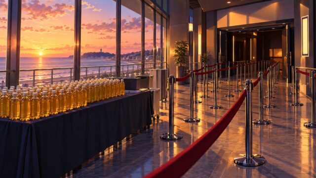 夕暮れの海辺の映画館のロビーに入場待ちのロープが続き、長机に回収されたペットボトルのお茶が並ぶ様子