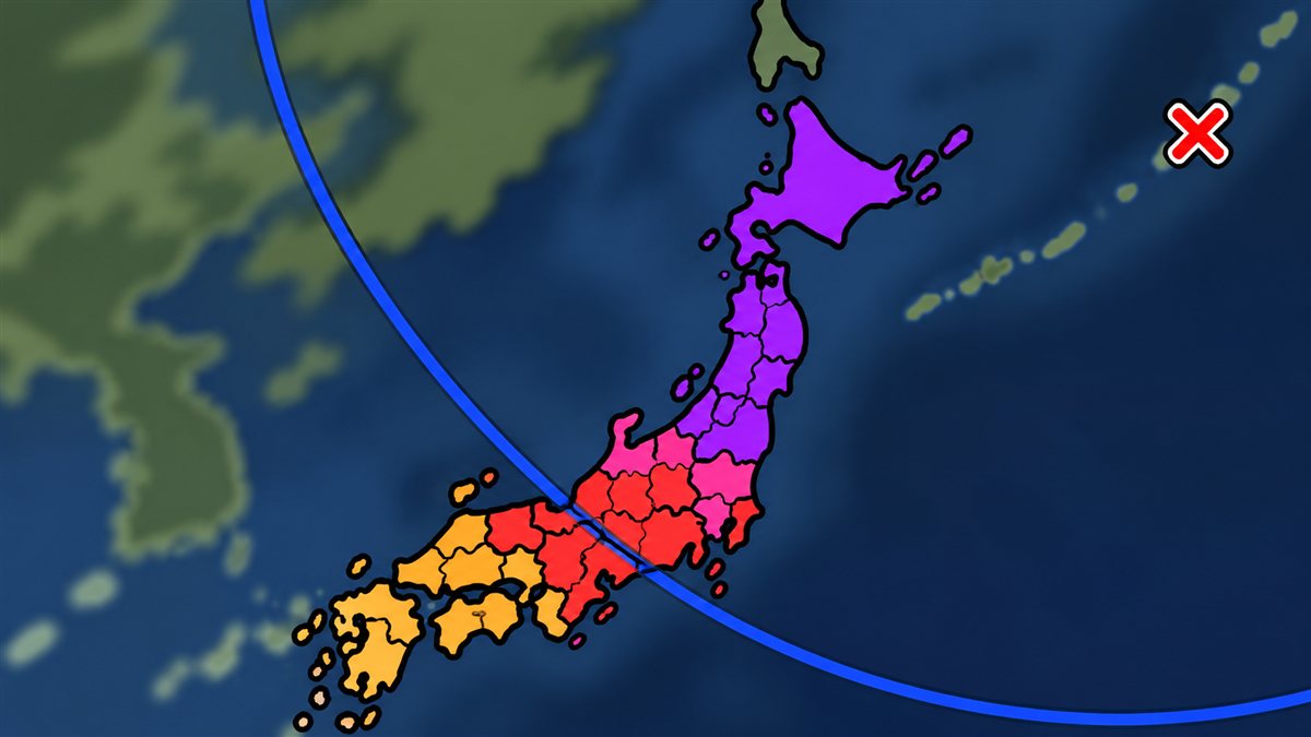 日本地図に向かって広がる地震の波の円と、北の海の震源の印のイラスト